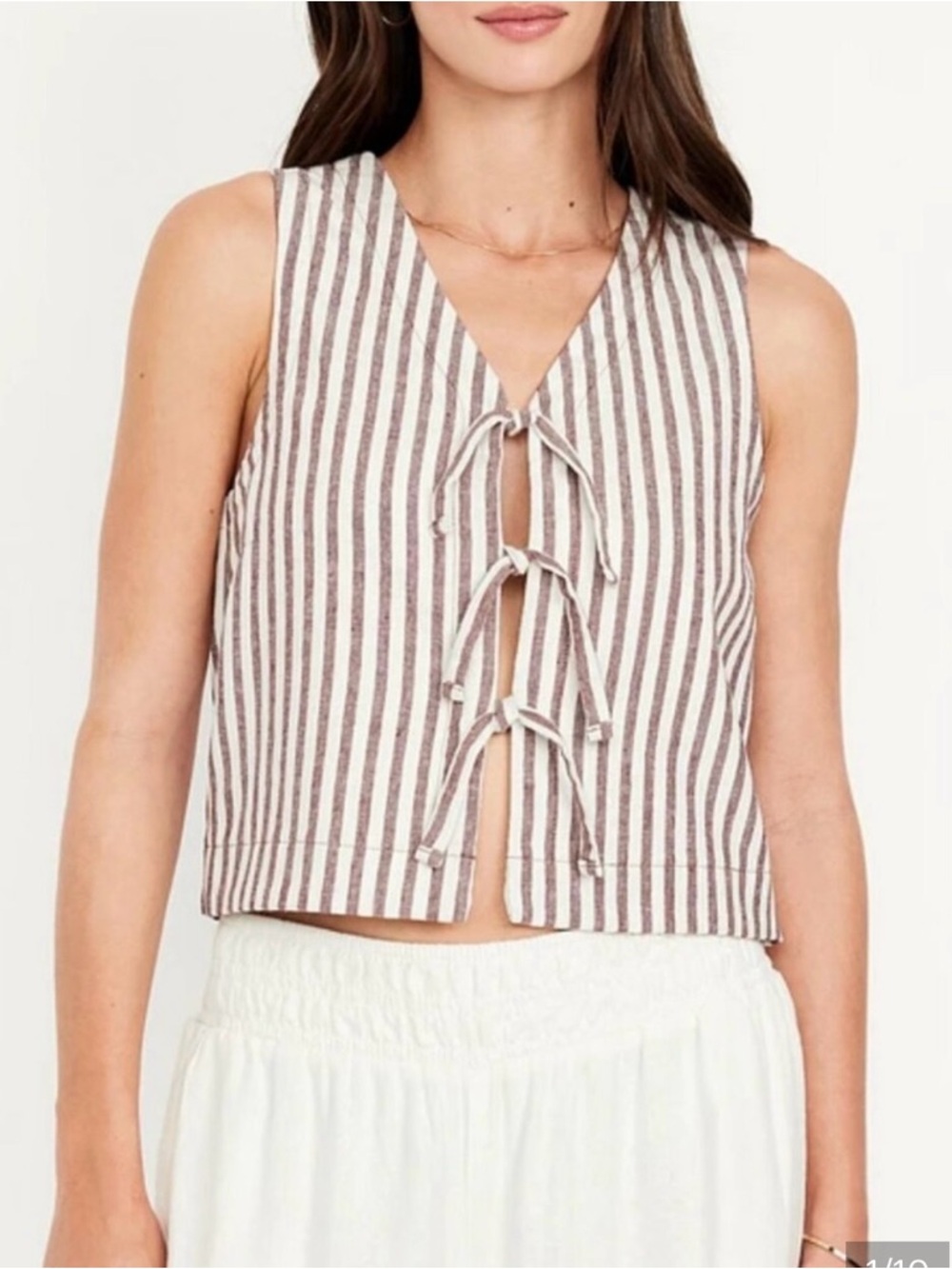 Old Navy Cream and Brown Striped Sleeveless Tie Front Vest